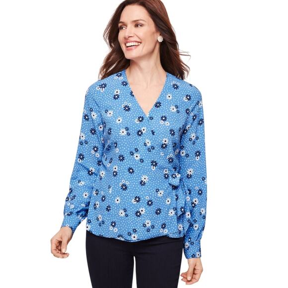 NWOT Talbots Florals Dots Long Poet Sleeve Wrap Top Workwear Size Petite Large - Picture 1 of 9